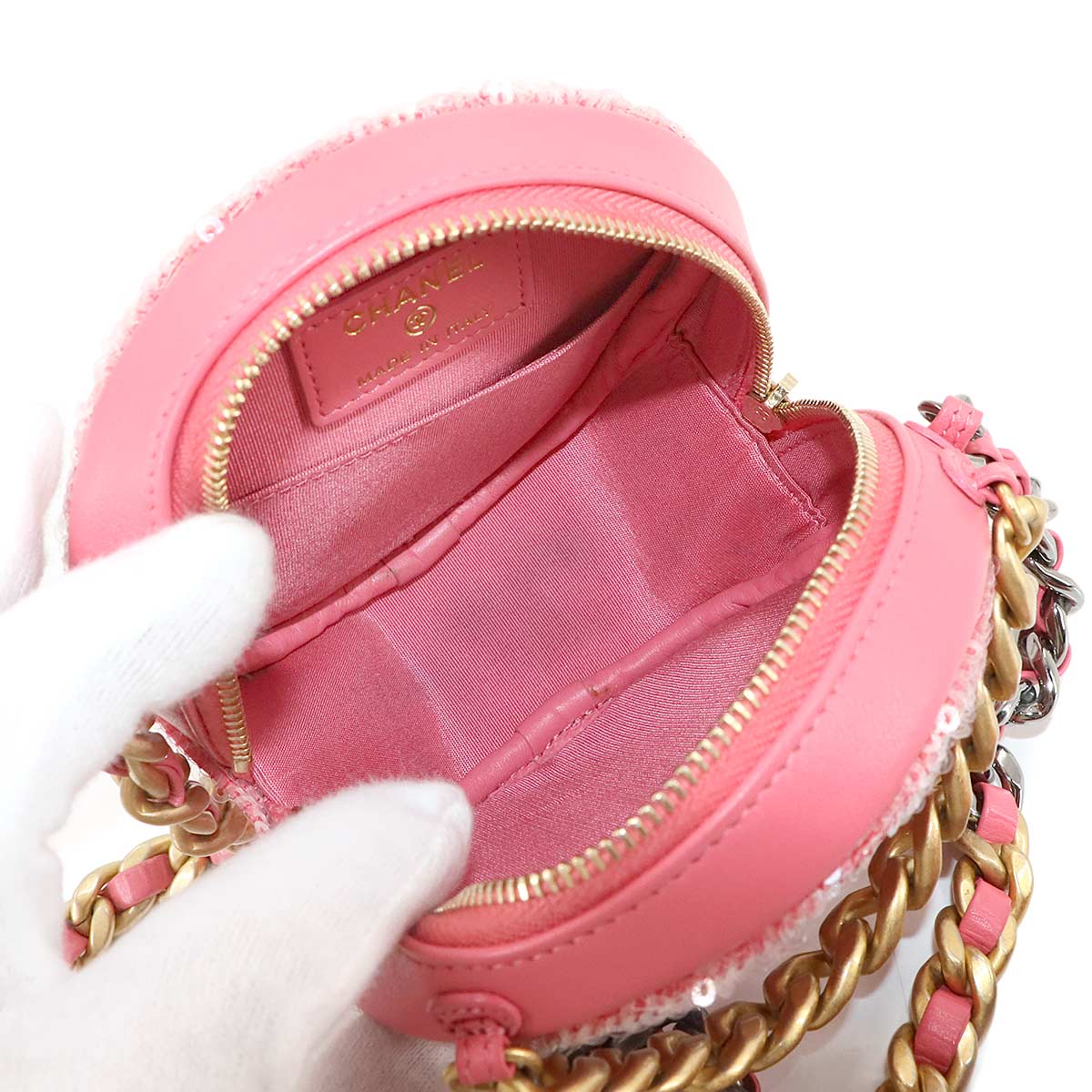 19 Round Clutch Chain Shoulder Bag Sequins Leather Pink AP0945