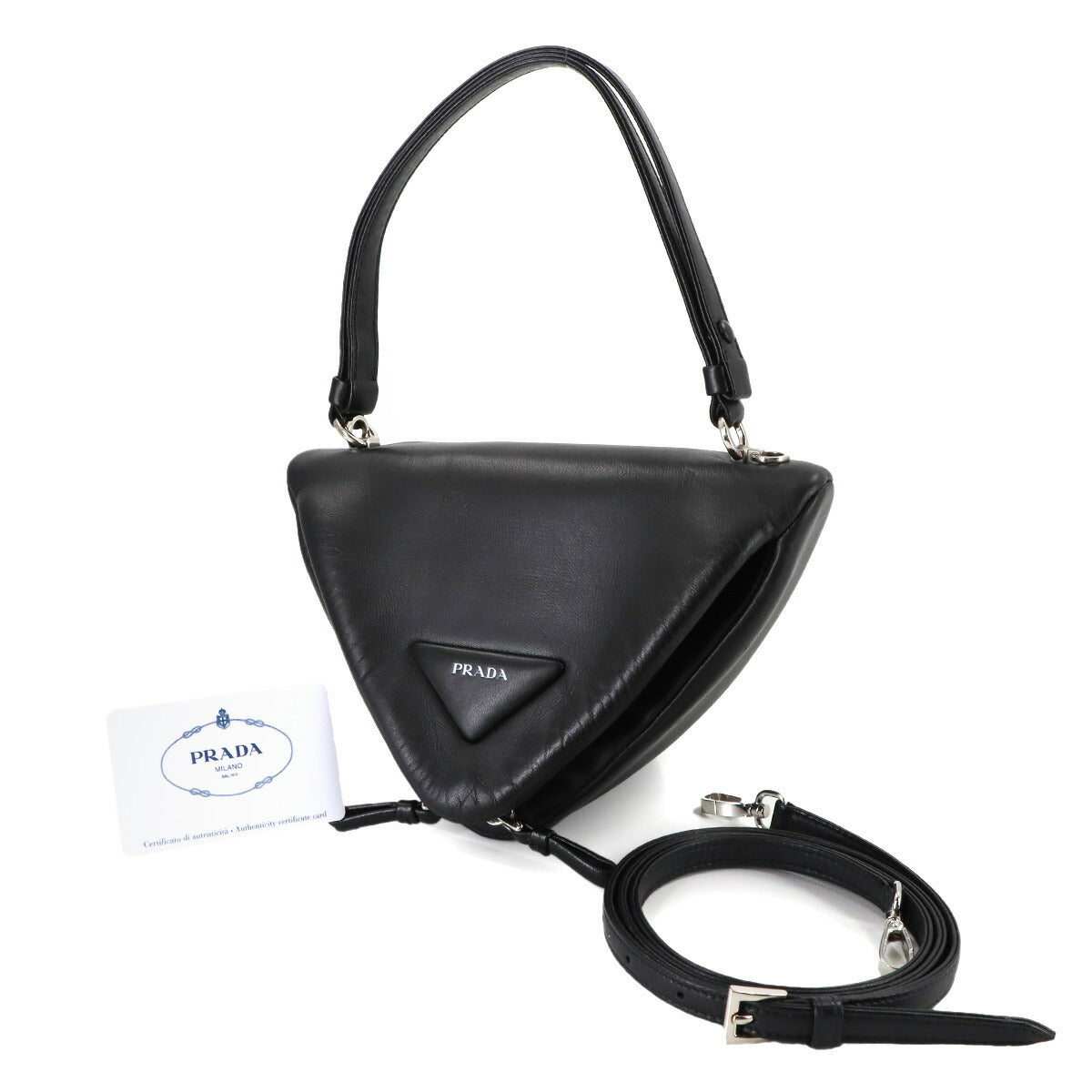 Triangle Hand Shoulder Bag Leather Black 1BA315 Purse
