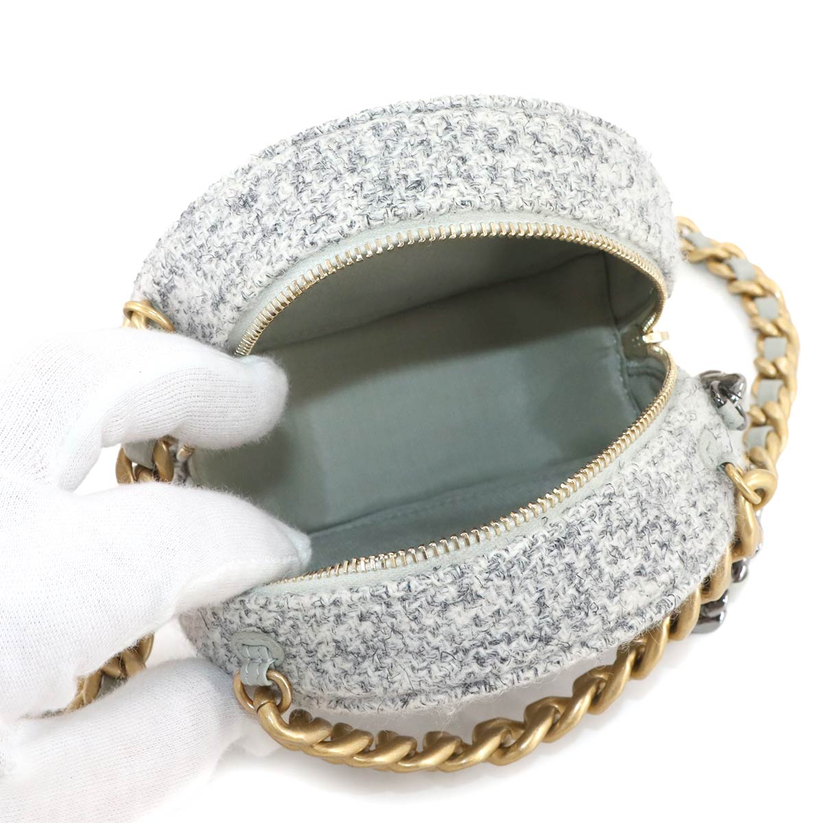 CHANEL 19 Round Clutch Chain Shoulder Bag Tweed Leather Gray AP0945