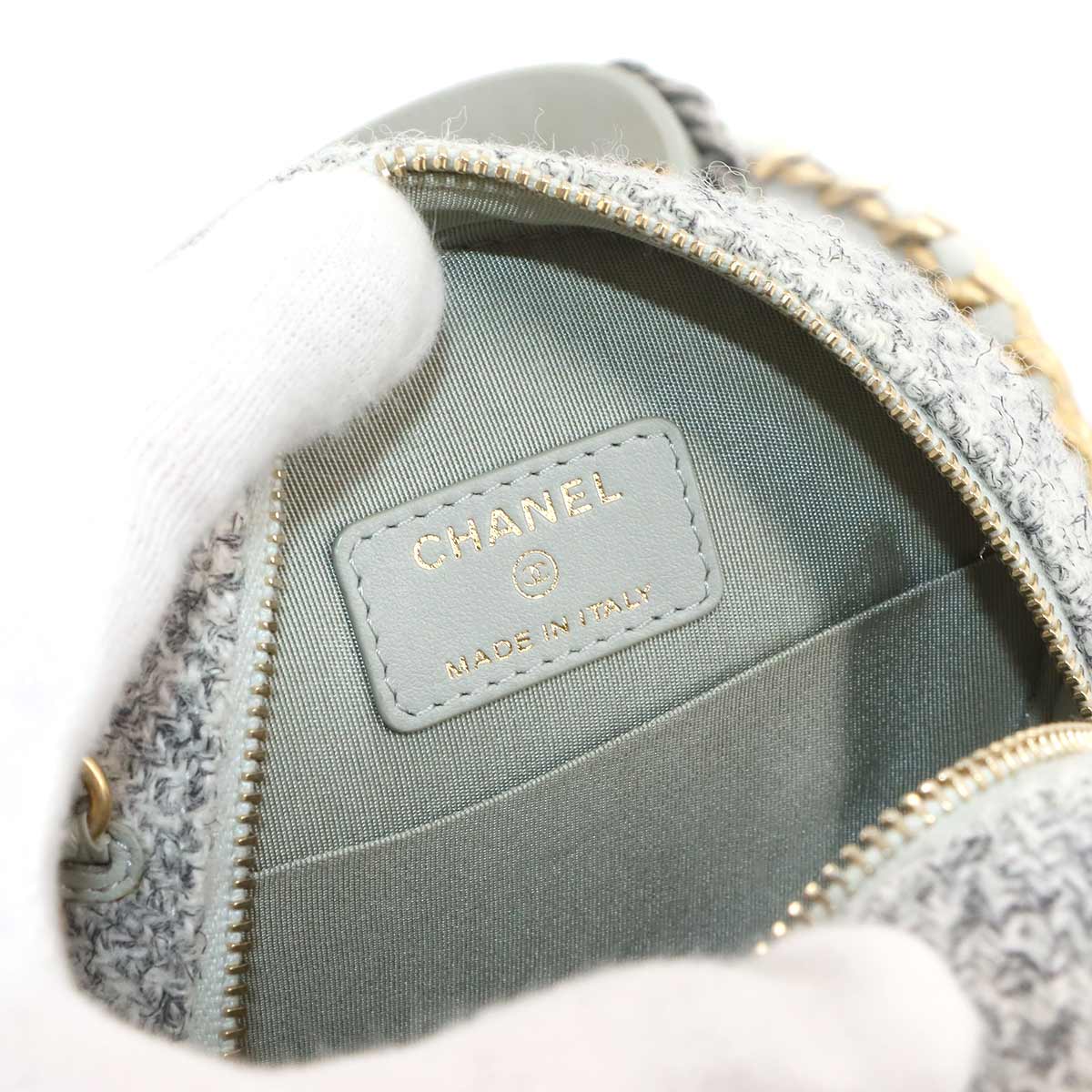 CHANEL 19 Round Clutch Chain Shoulder Bag Tweed Leather Gray AP0945