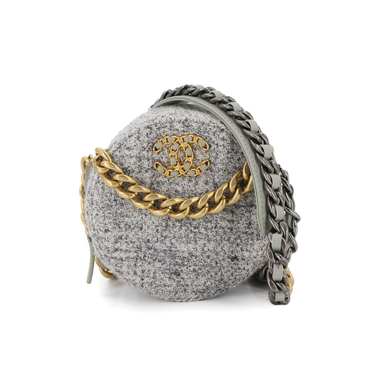CHANEL 19 Round Clutch Chain Shoulder Bag Tweed Leather Gray AP0945