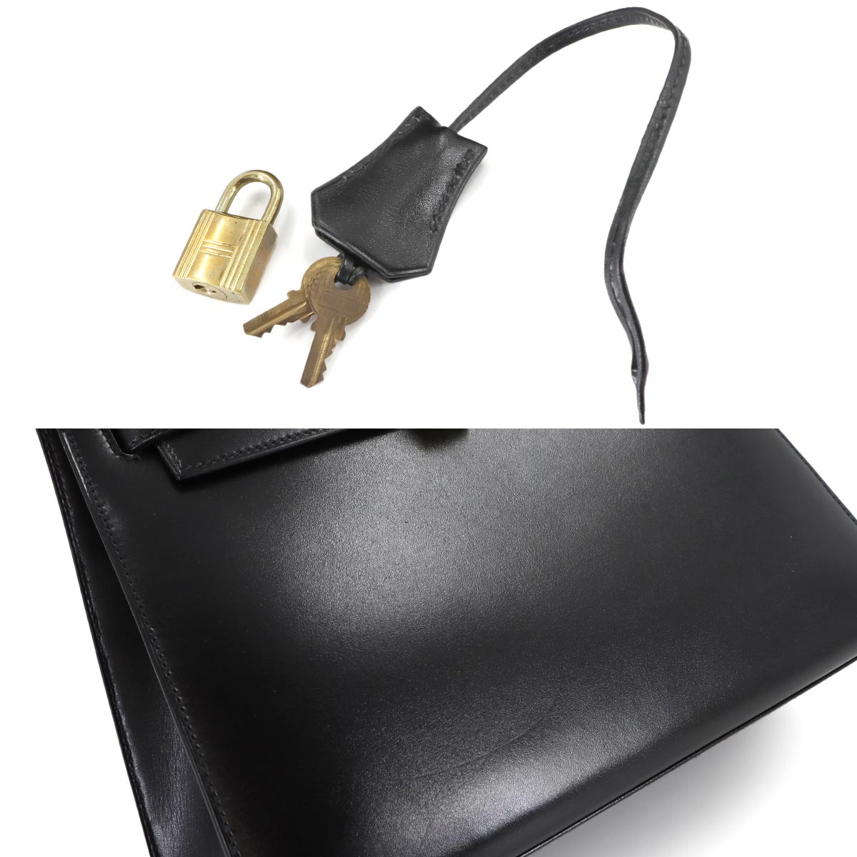 Kelly 28 Box carf Black 2way Hand Shoulder Bag Vintage Purse