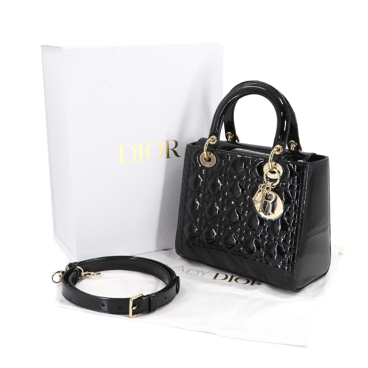 Lady Dior Medium Hand Shoulder Bag Enamel Black