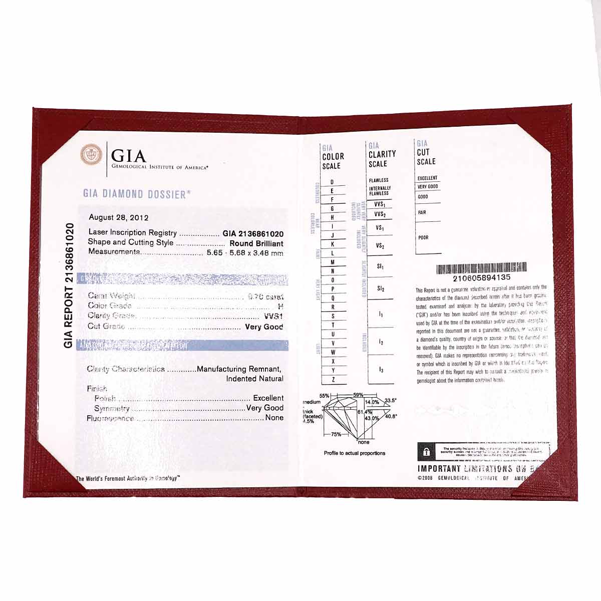 Diamond 0.70ct H/VVS1/VG Ring Platinum size49 4.75-5(US)