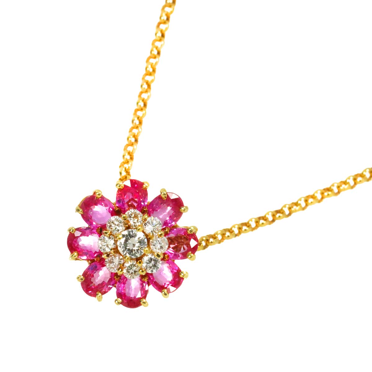Ruby 1.56ct Diamond 0.30ct Flower Necklace 18K PG 750