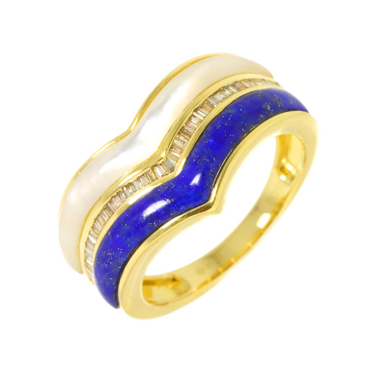 Lapis Lazuli Shell Diamond 0.17ct Ring 18K Yellow Gold 750 size6(US)
