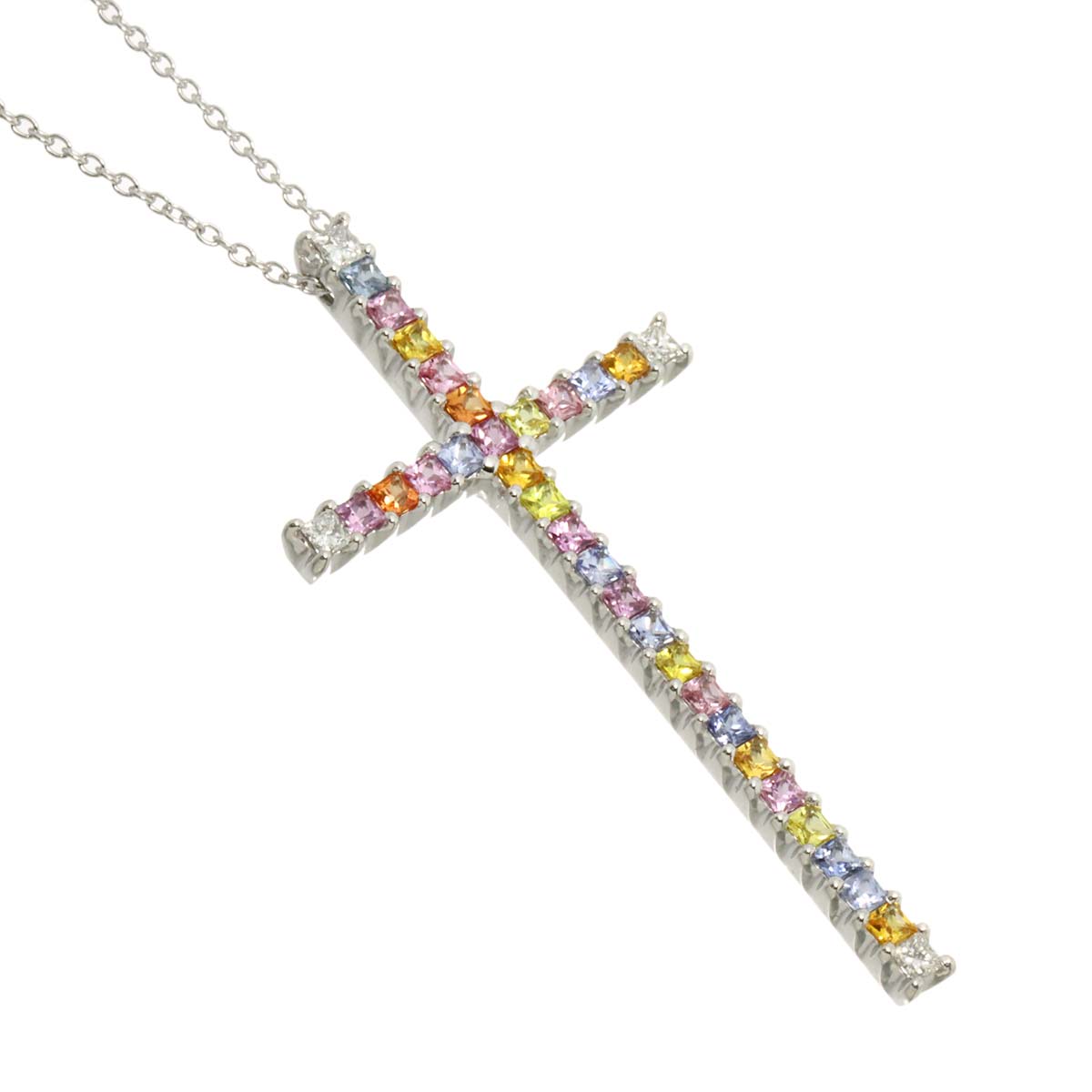 Sapphire 2.17ct Diamond 0.27ct Cross Necklace 18K WG 750
