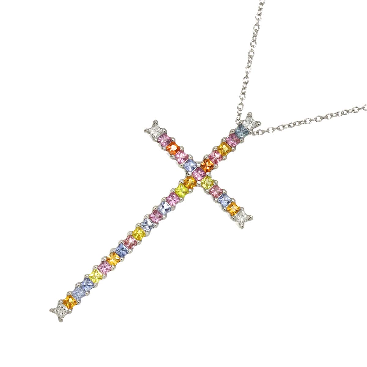 Sapphire 2.17ct Diamond 0.27ct Cross Necklace 18K WG 750