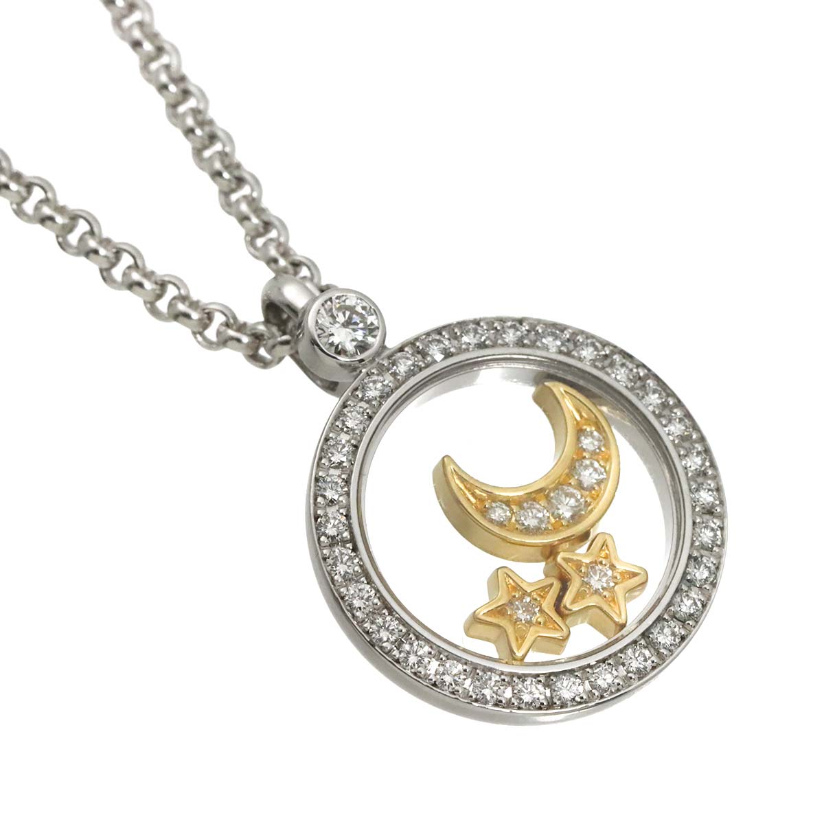Happy Diamond Moon and Stars Necklace 18K WG YG 750