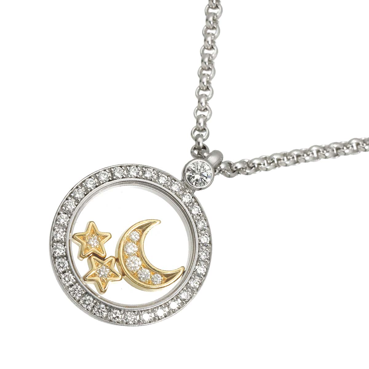 Happy Diamond Moon and Stars Necklace 18K WG YG 750