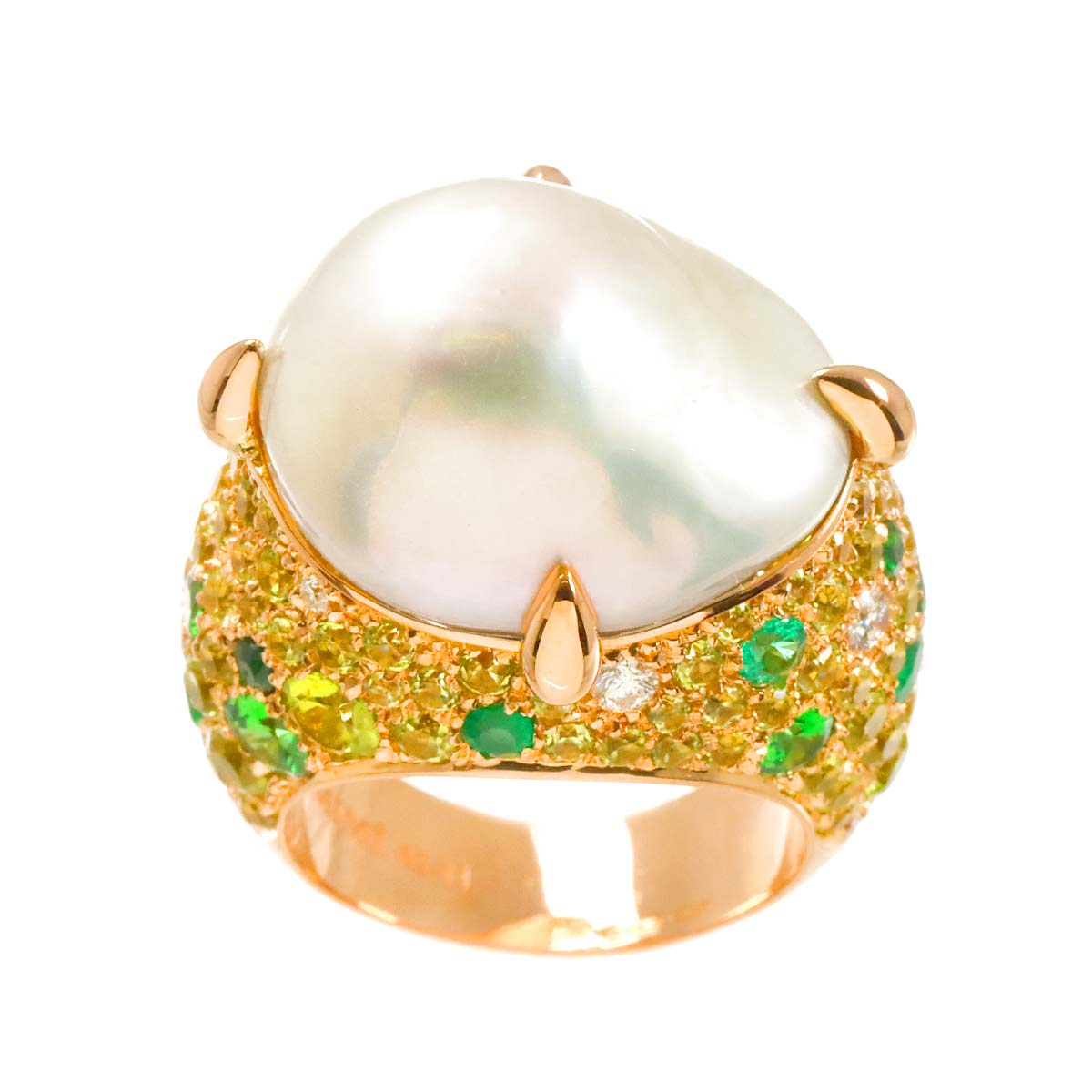 Freshwater cultured pearl Peridot Garnet Diamond Ring 18K PG 750