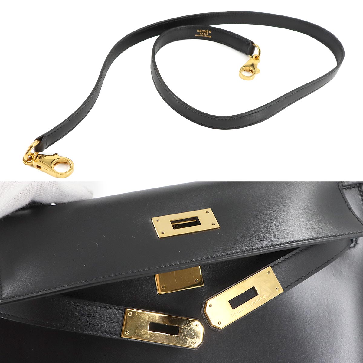 Kelly 28 Box carf Black 2way Hand Shoulder Bag Purse