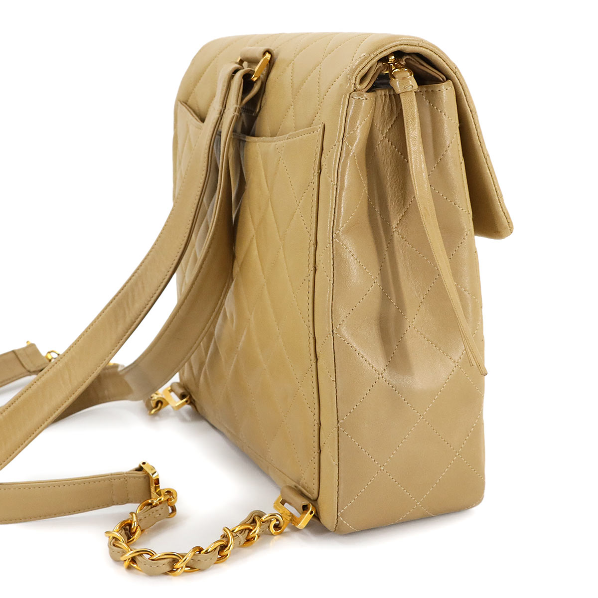 Matelasse Chain Backpack Leather Beige Purse Vintage