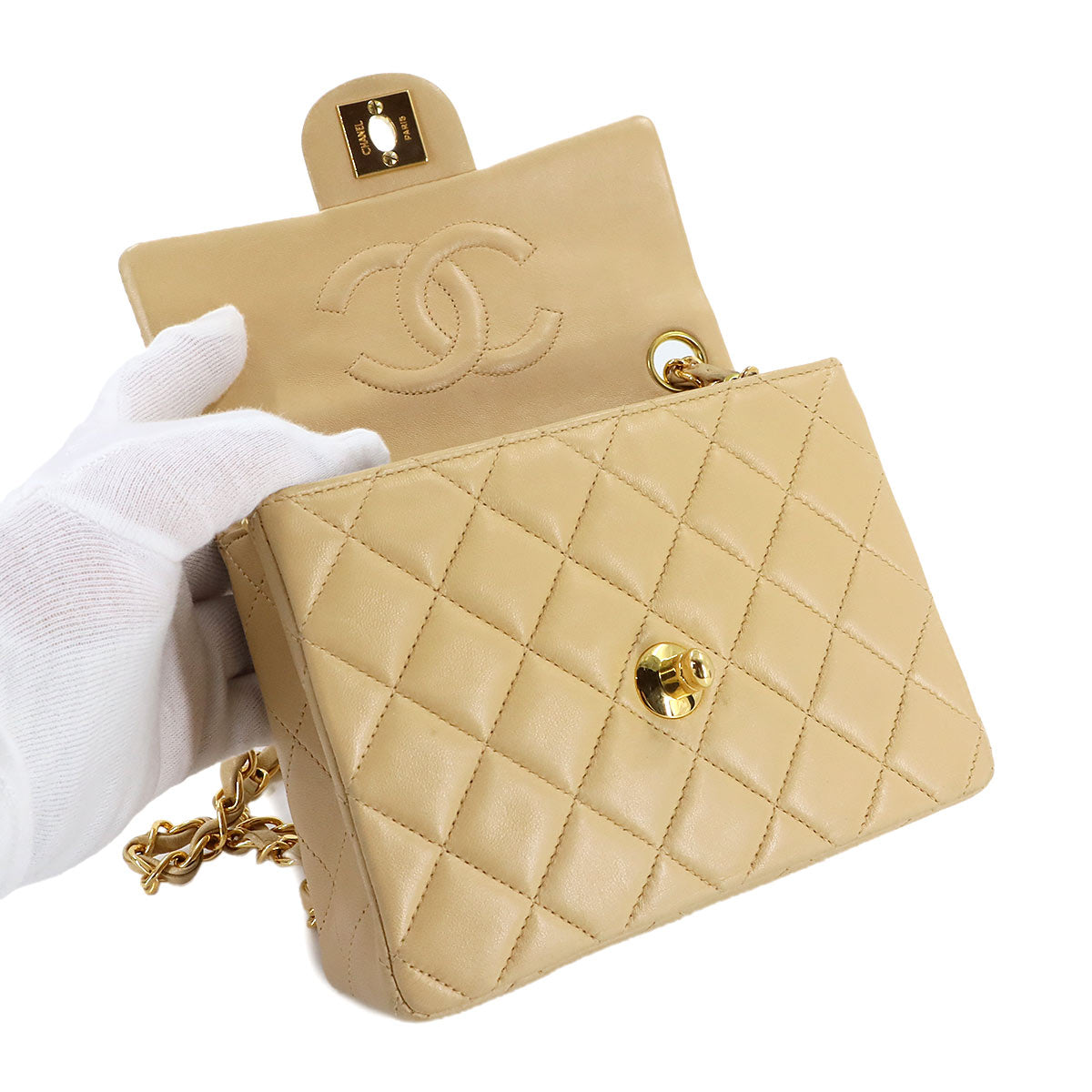 Mini Matelasse Chain Shoulder Bag Leather Beige A01115