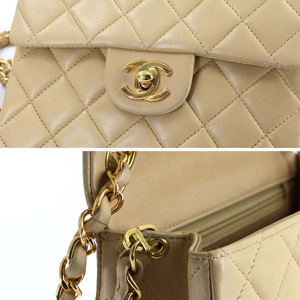 Mini Matelasse Chain Shoulder Bag Leather Beige A01115