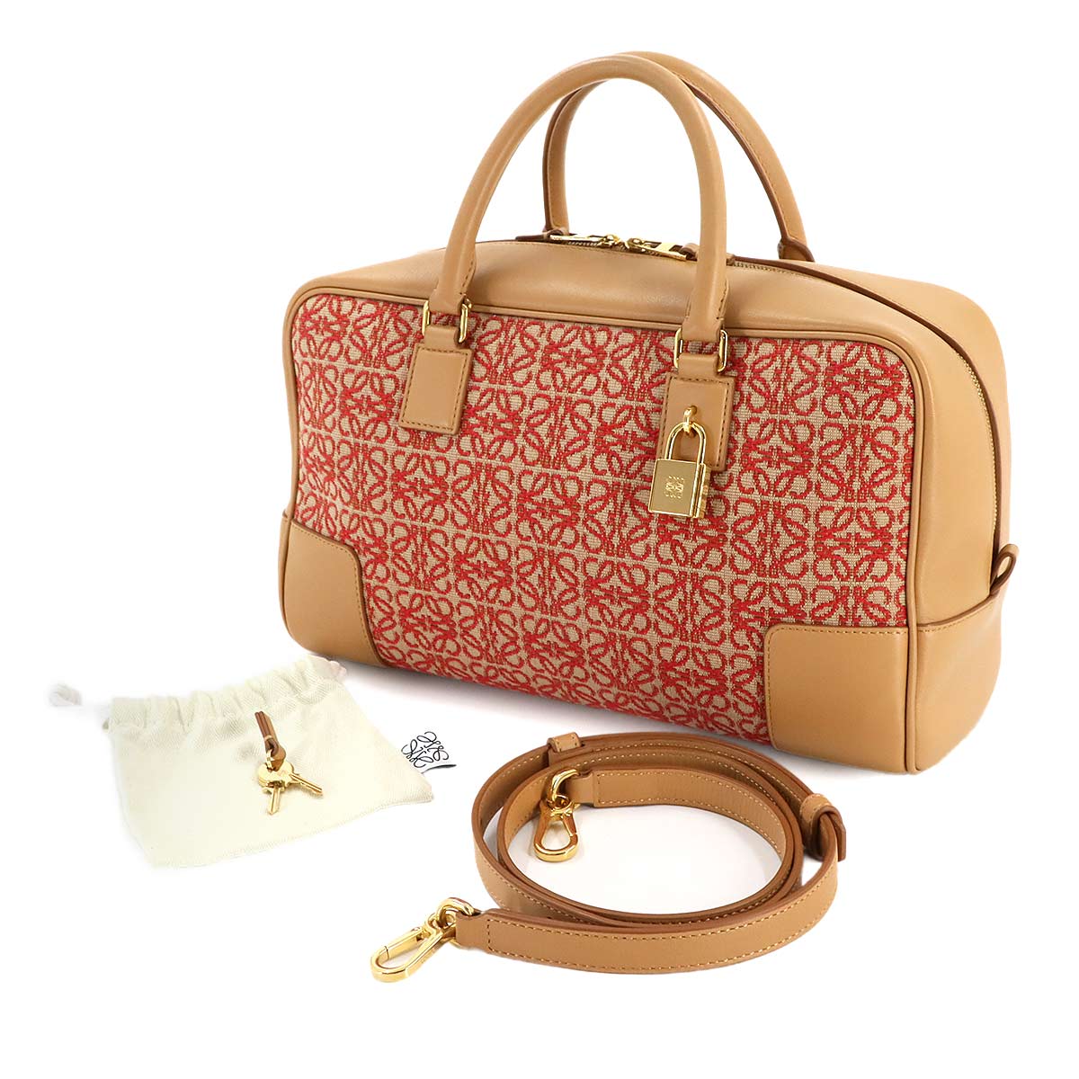 Amazona 28 Hand Shoulder Bag Jacquard Leather Brown Red Anagram