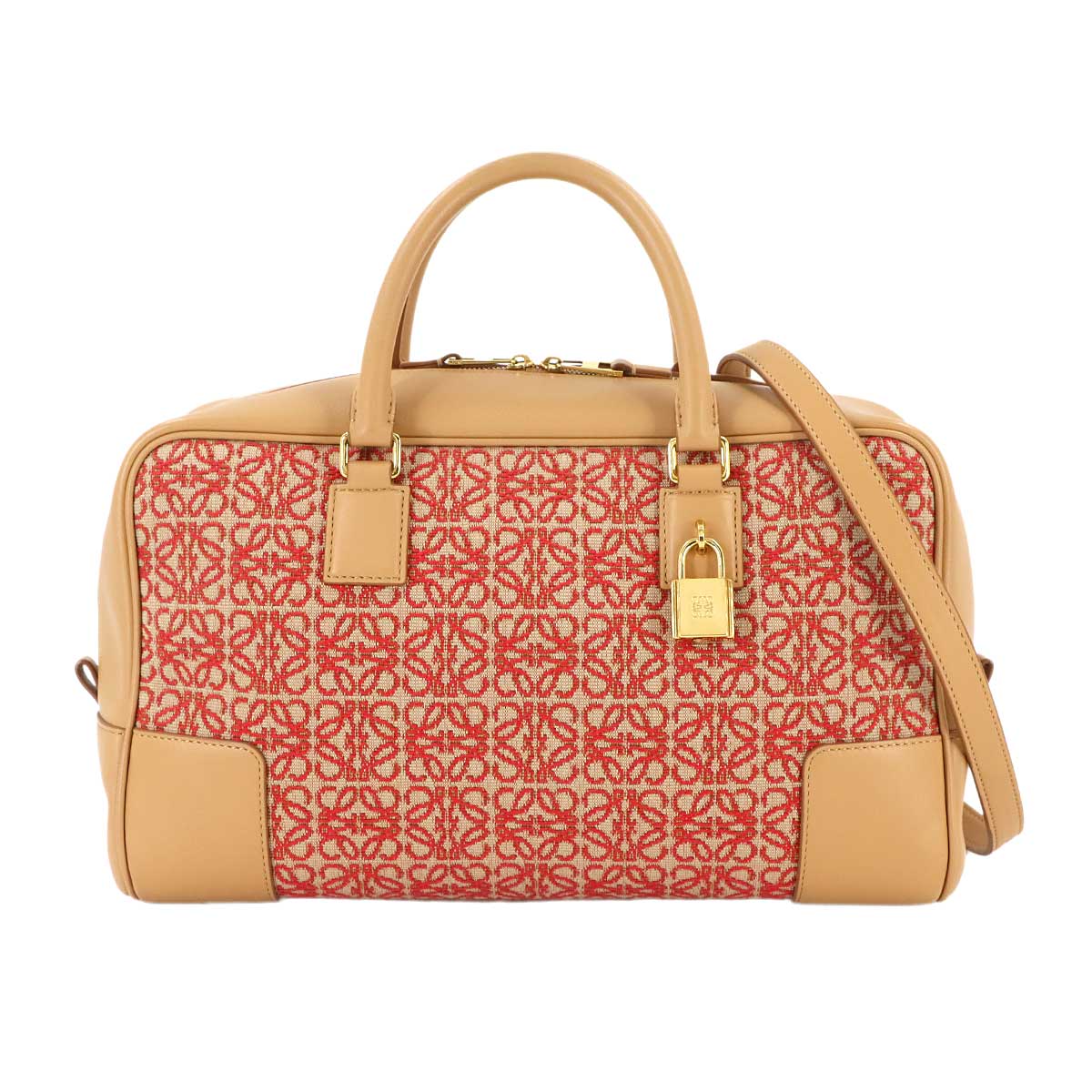 Amazona 28 Hand Shoulder Bag Jacquard Leather Brown Red Anagram