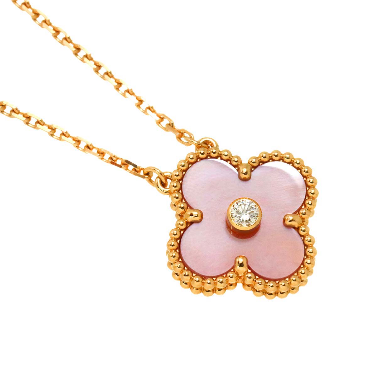 Vintage Alhambra Pink MOP Diamond Necklace 18K PG 750