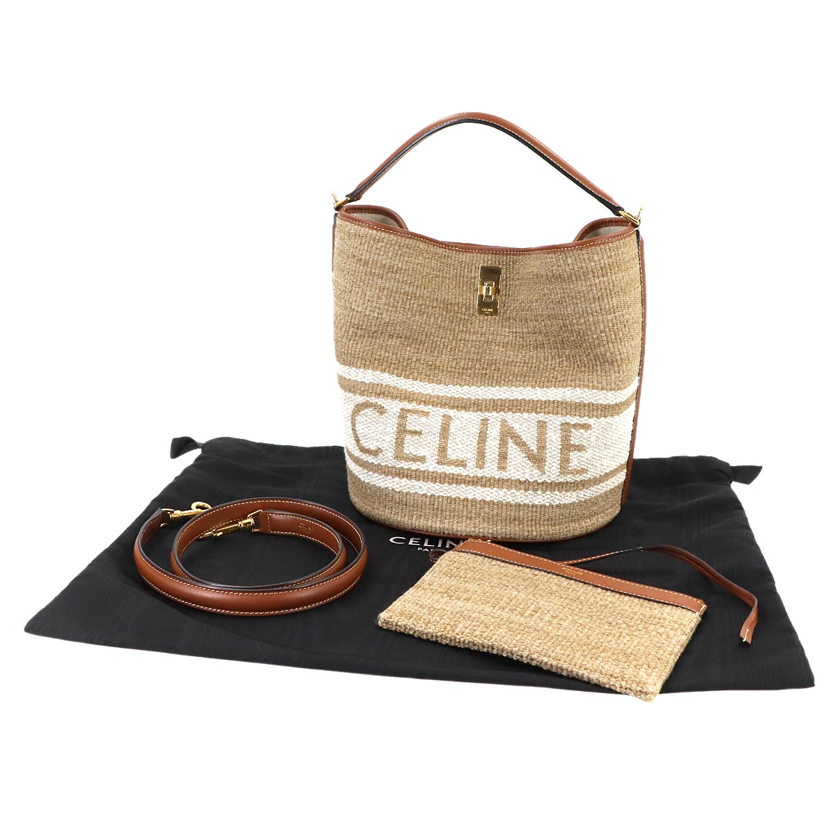 16 Bucket Bag Hand Shoulder Textile Leather Beige