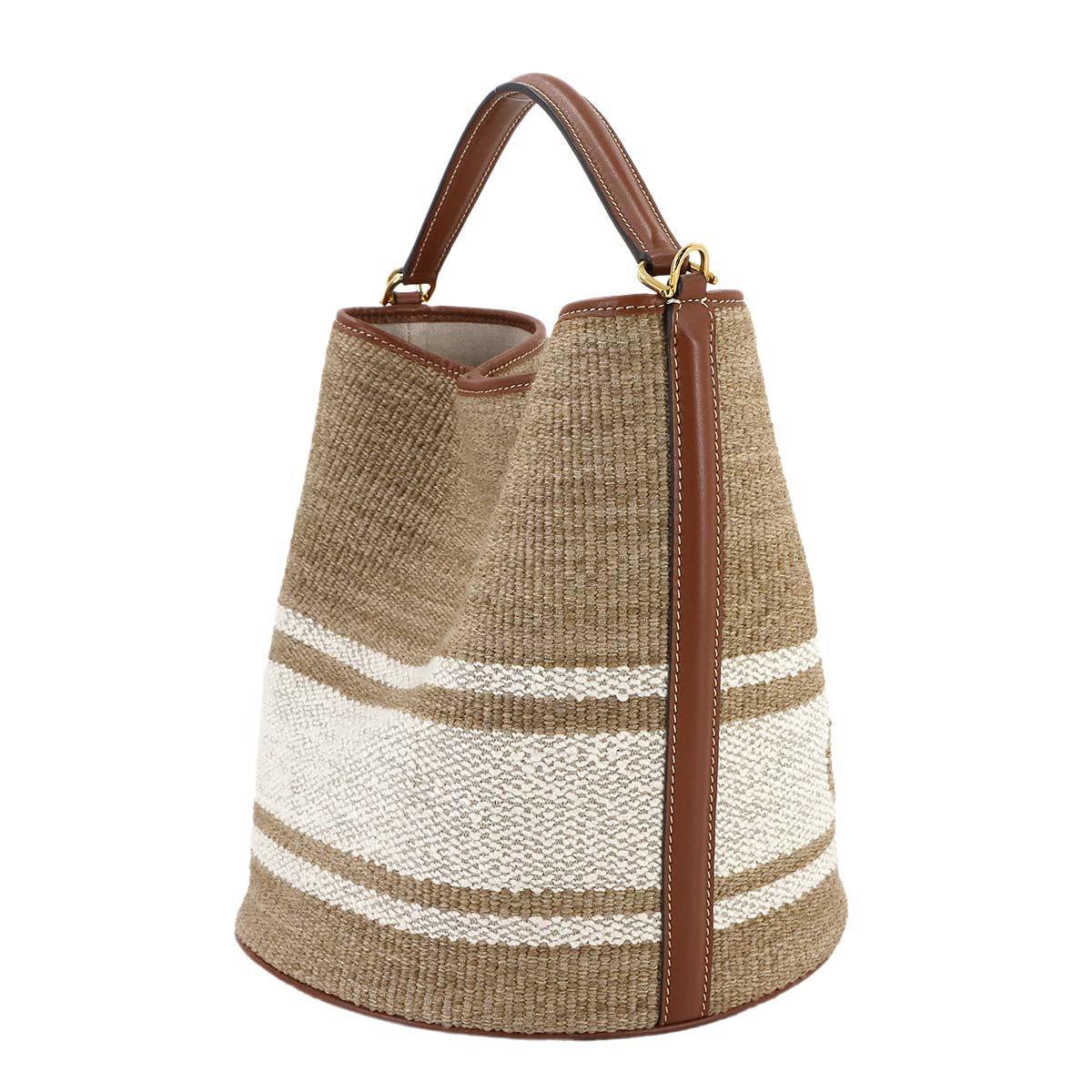 16 Bucket Bag Hand Shoulder Textile Leather Beige