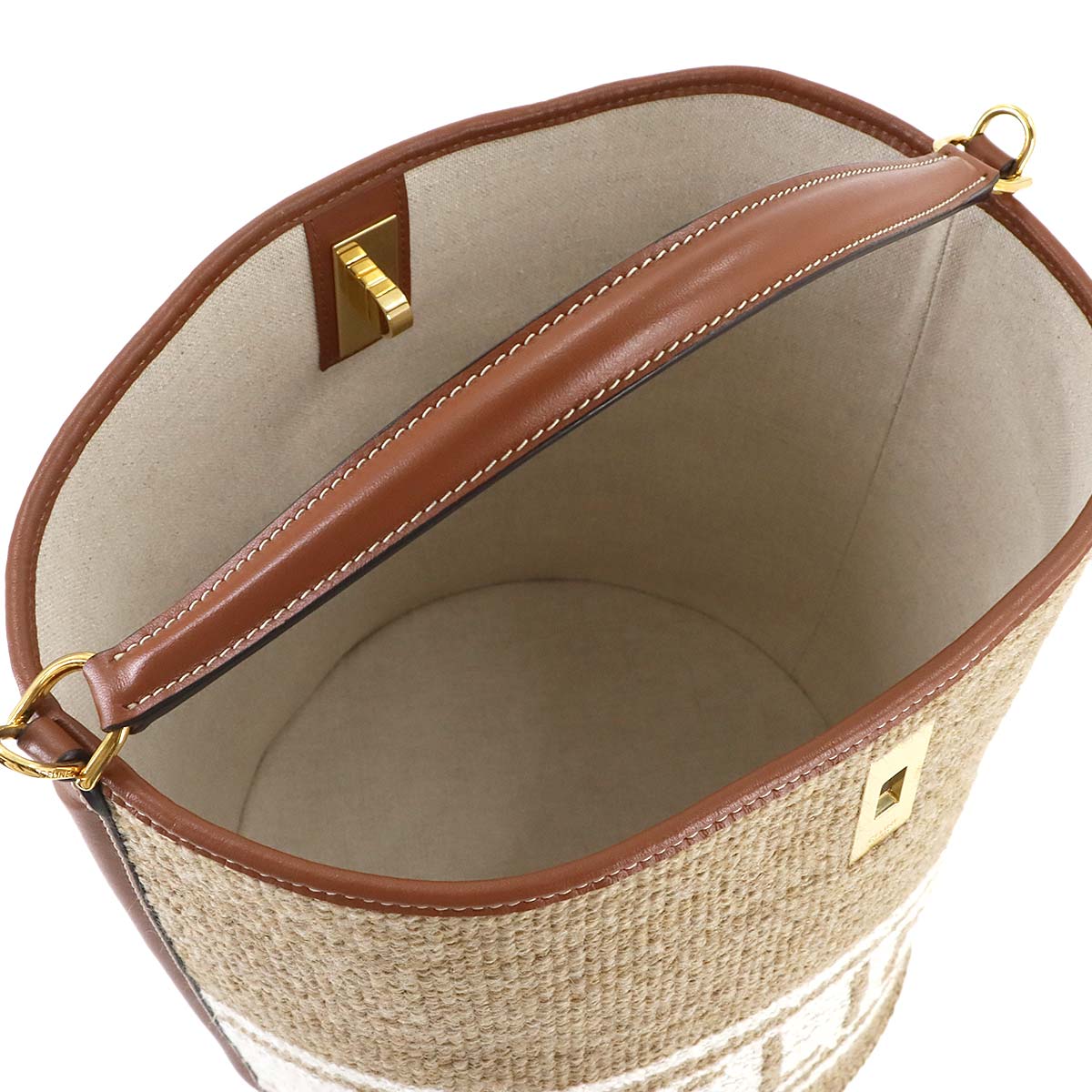 16 Bucket Bag Hand Shoulder Textile Leather Beige