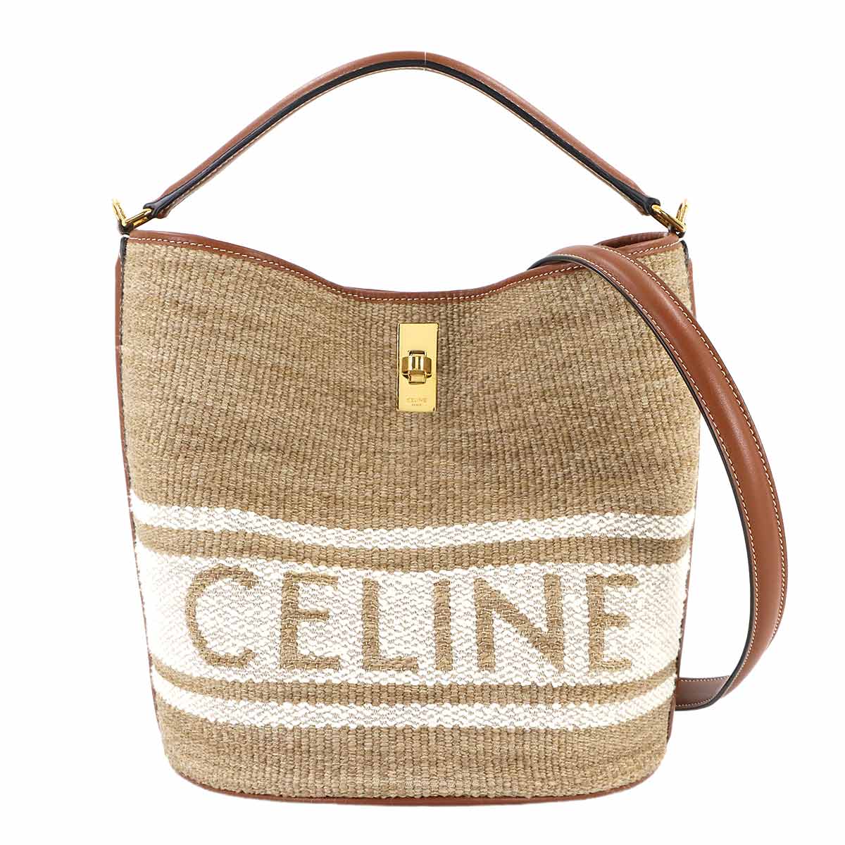 16 Bucket Bag Hand Shoulder Textile Leather Beige