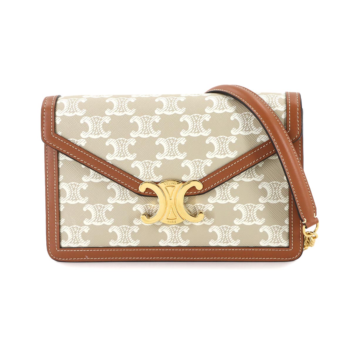 Triomphe Chain Long Wallet Leather Beige Brown 10L462F16 Purse