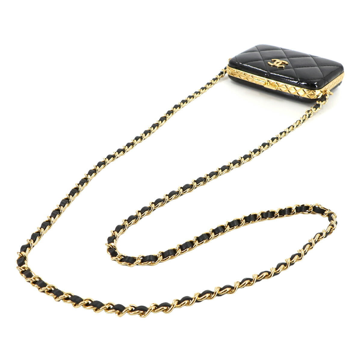 Matelasse Chain Shoulder Card Case Enamel Black AP2242