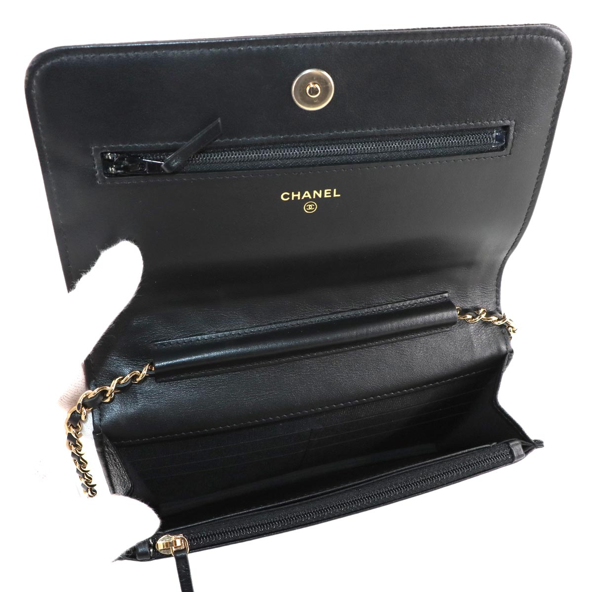 Camellia Chain Wallet Leather Black A82336 Purse CC Logos