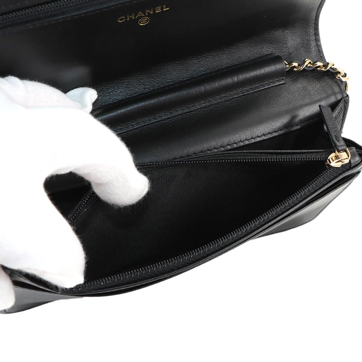 Camellia Chain Wallet Leather Black A82336 Purse CC Logos