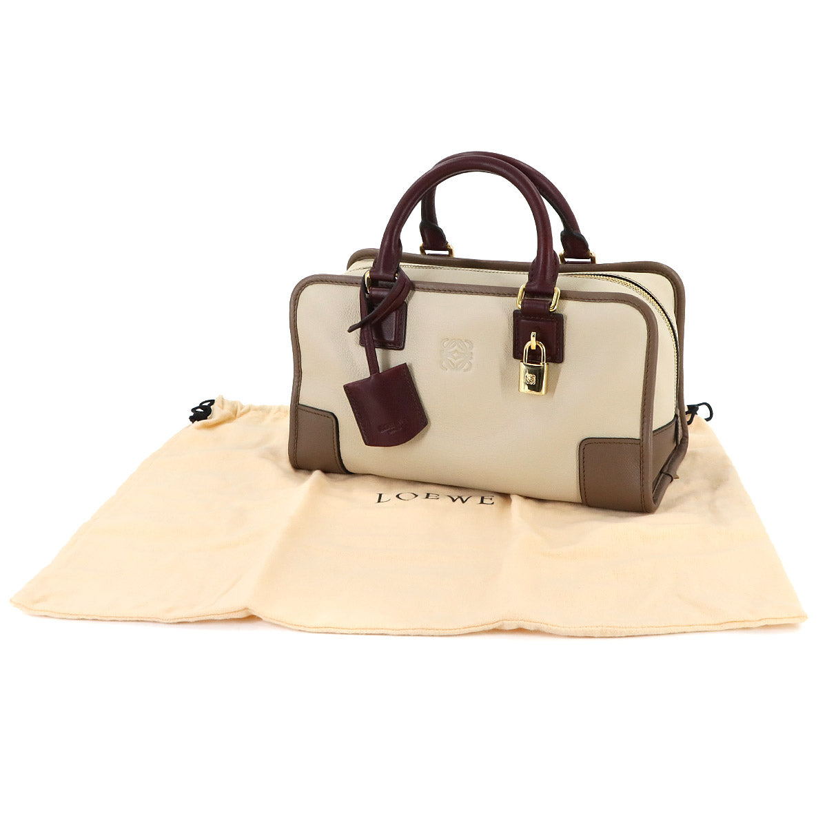 Amazona 28 Hand Bag Leather Beige Brown Bordeaux Purse