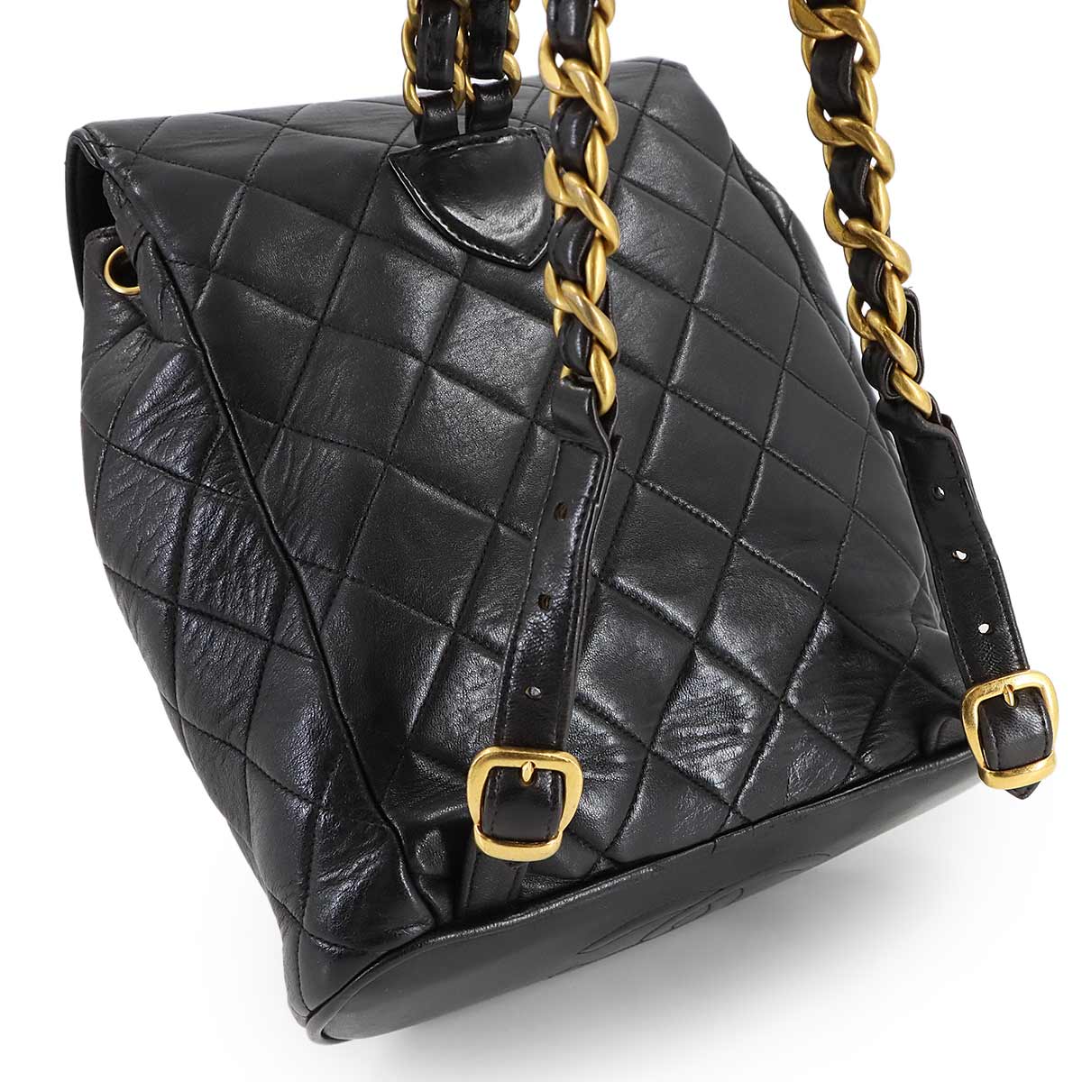 Matelasse Chain Backpack Leather Black duma Purse Vintage