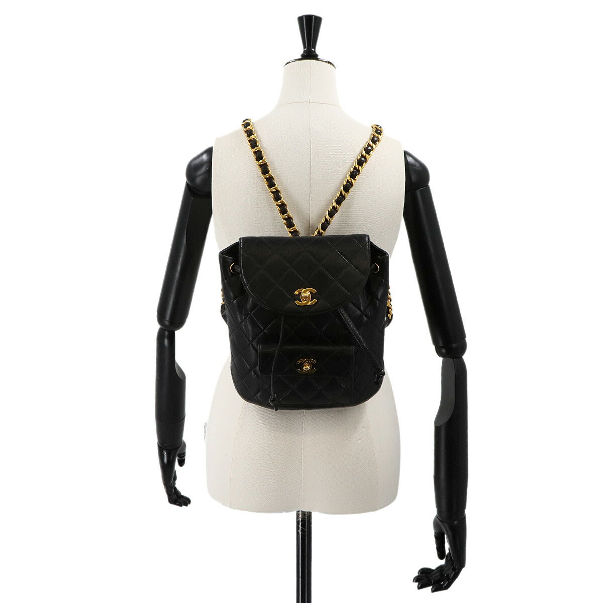 Matelasse Chain Backpack Leather Black duma Purse Vintage