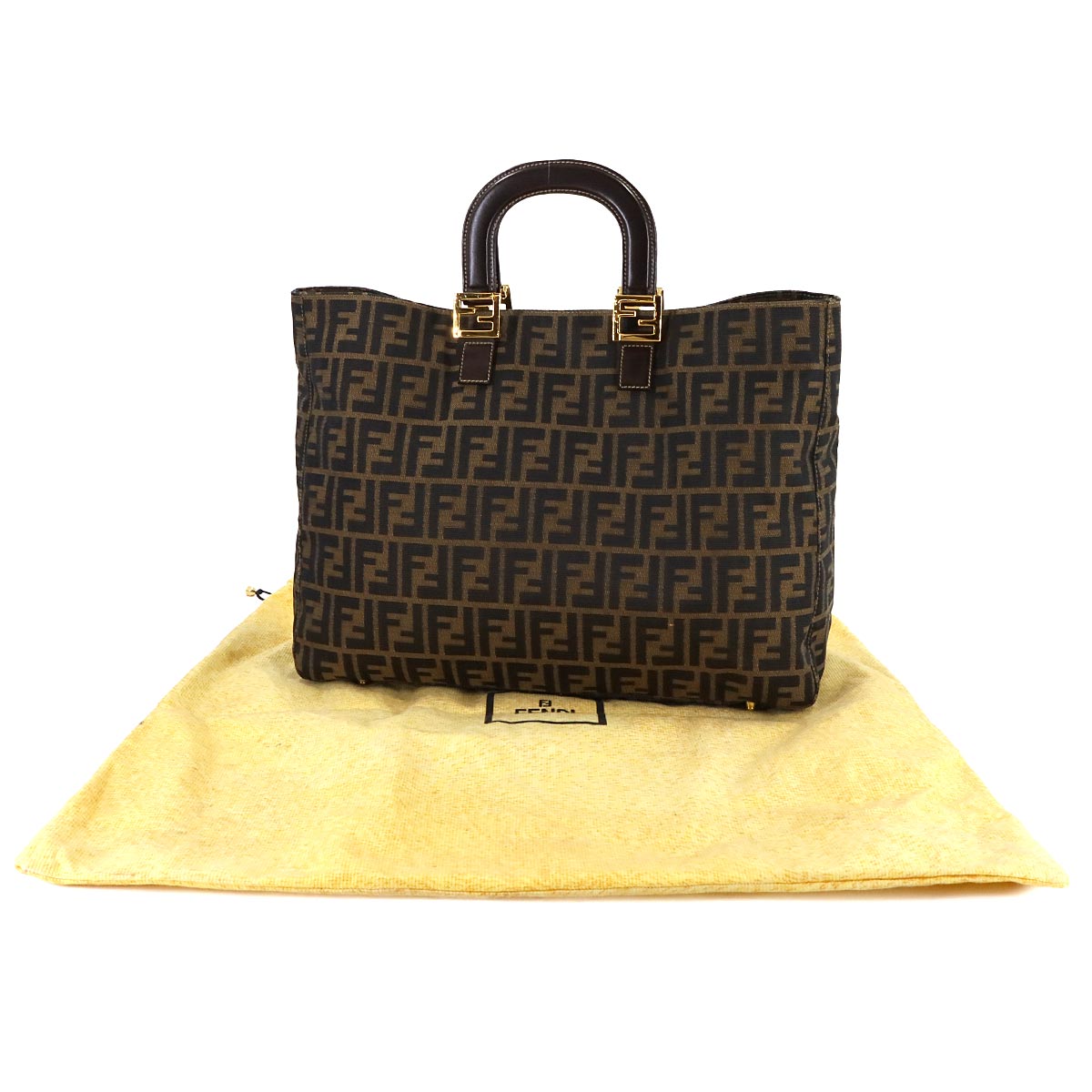 Zucca Tote Bag Canvas Leather Brown Black 26329 FF Purse