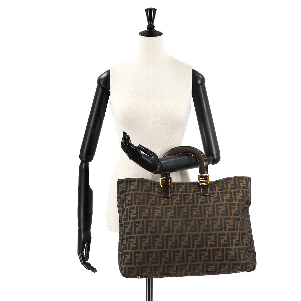 Zucca Tote Bag Canvas Leather Brown Black 26329 FF Purse