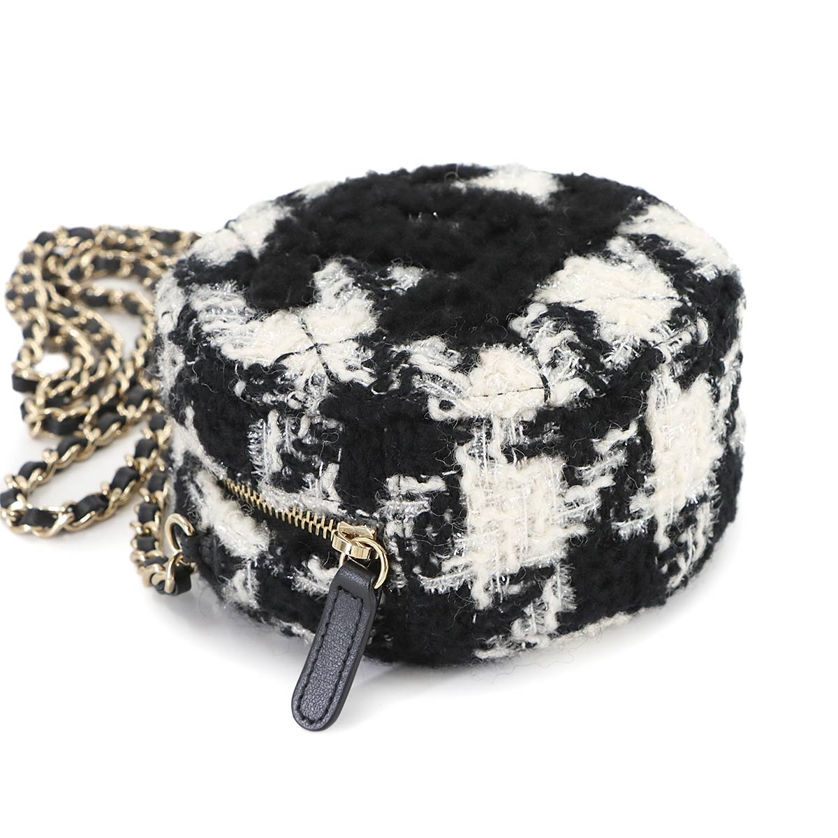 Round Clutch Chain Shoulder Bag Tweed Leather Black Houndstooth