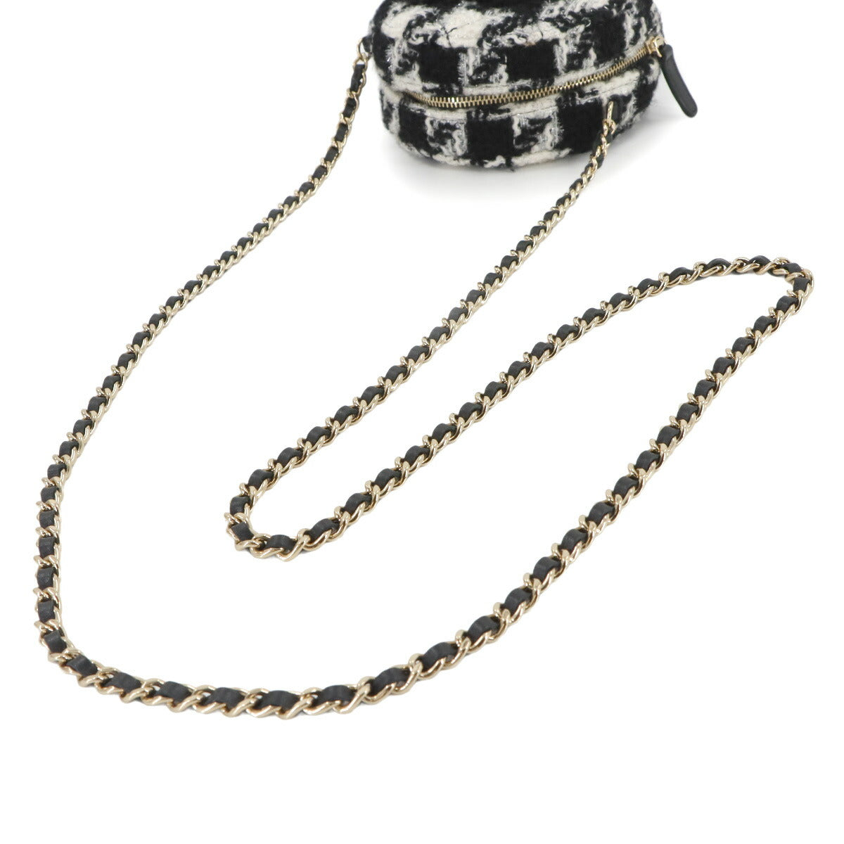 Round Clutch Chain Shoulder Bag Tweed Leather Black Houndstooth