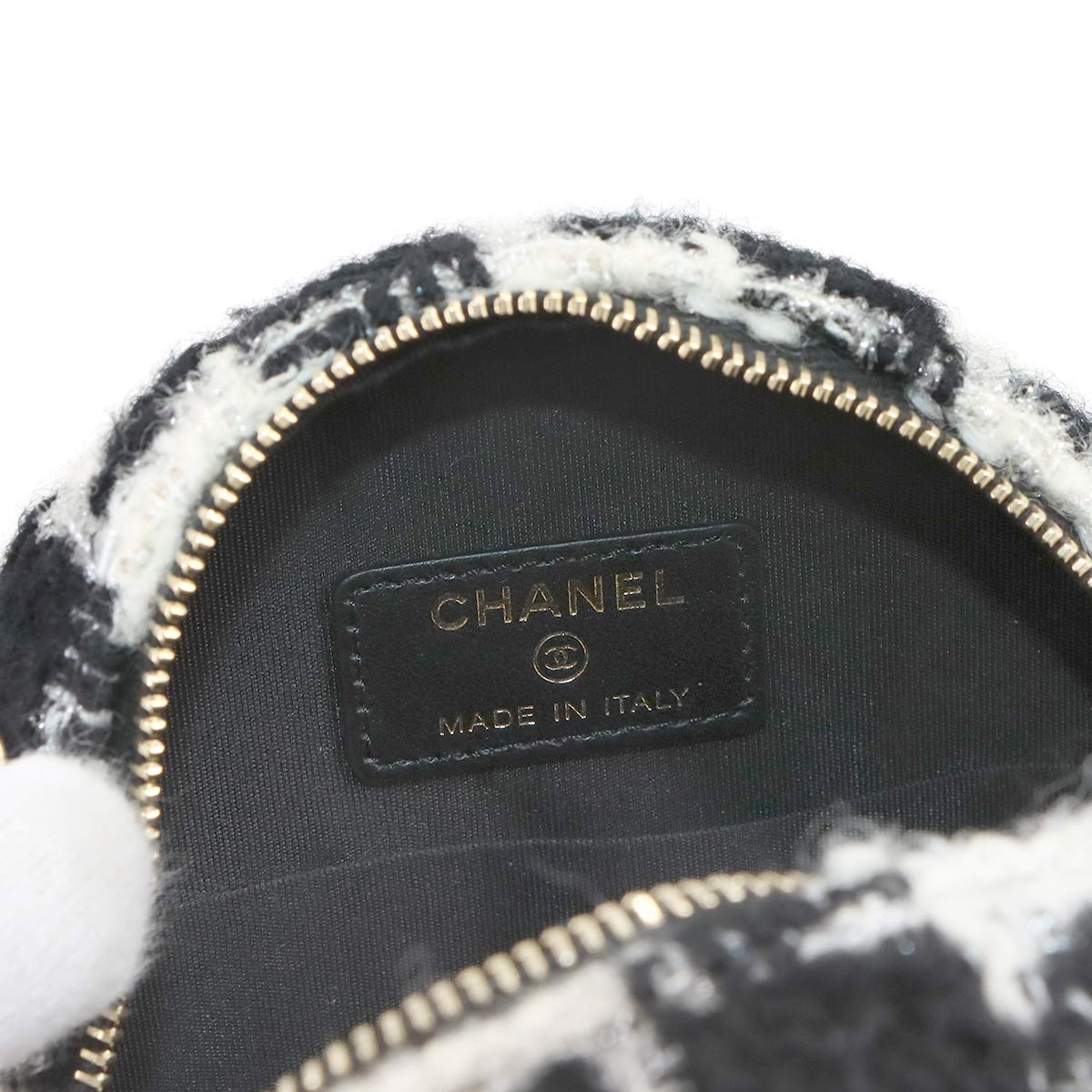 Round Clutch Chain Shoulder Bag Tweed Leather Black Houndstooth