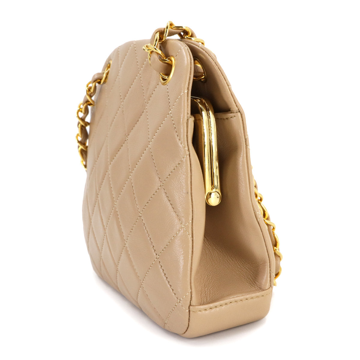 Matelasse Chain Shoulder Bag Leather Beige Vintage