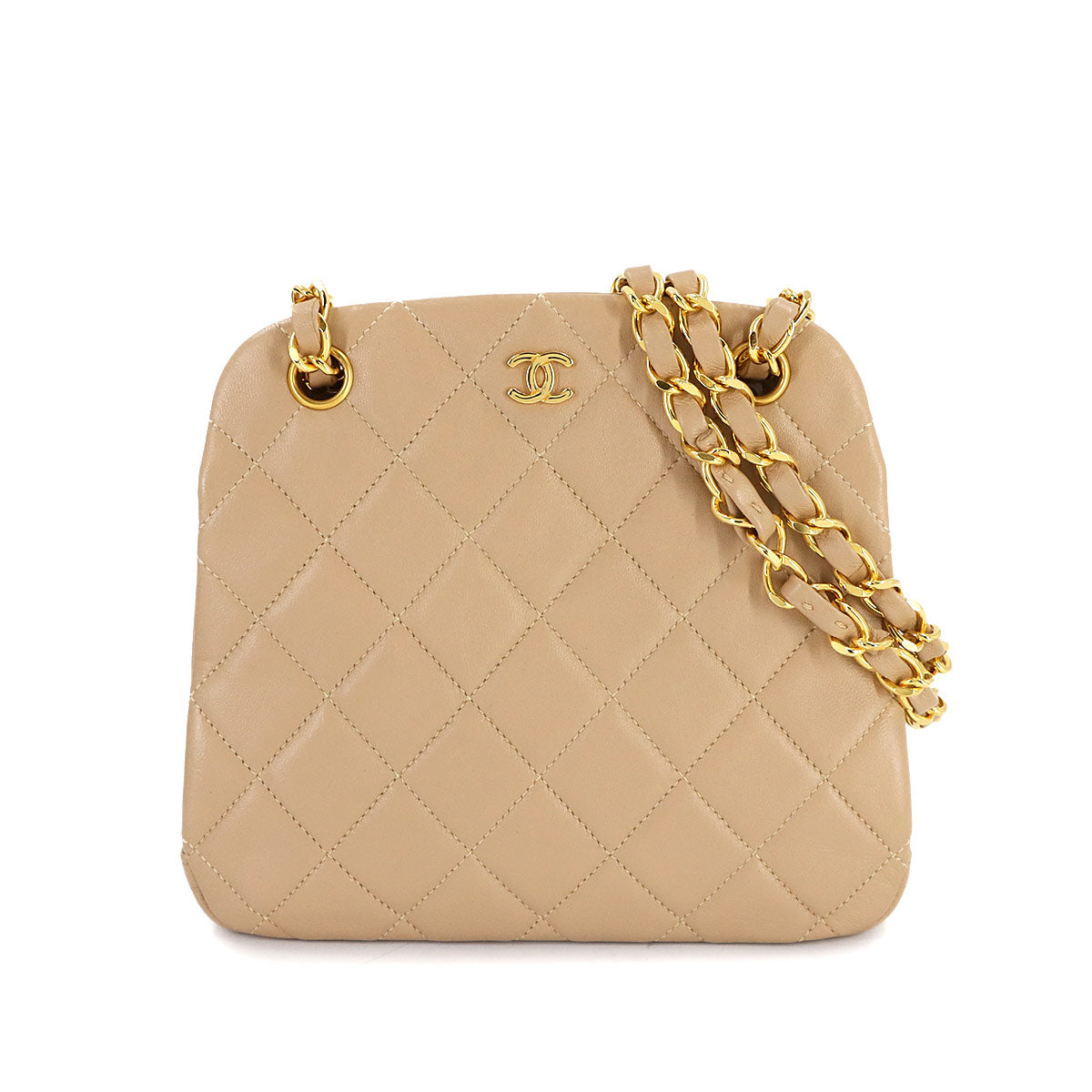 Matelasse Chain Shoulder Bag Leather Beige Vintage