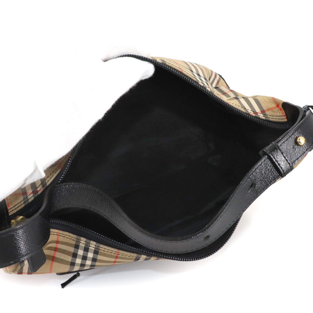 Shoulder Bag Canvas Leather Beige Black Plaid Purse