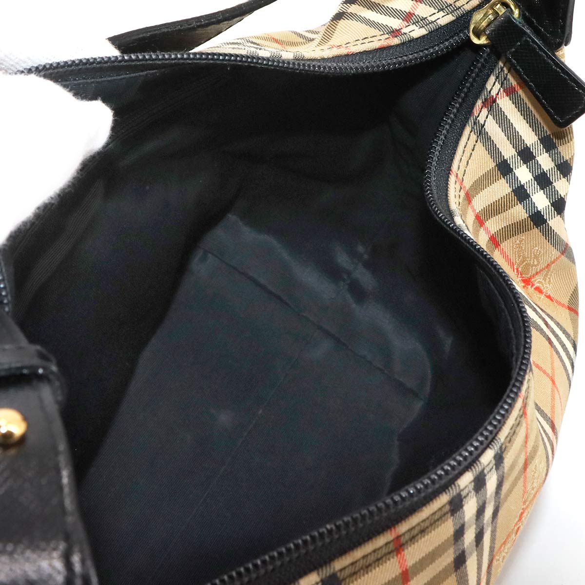 Shoulder Bag Canvas Leather Beige Black Plaid Purse