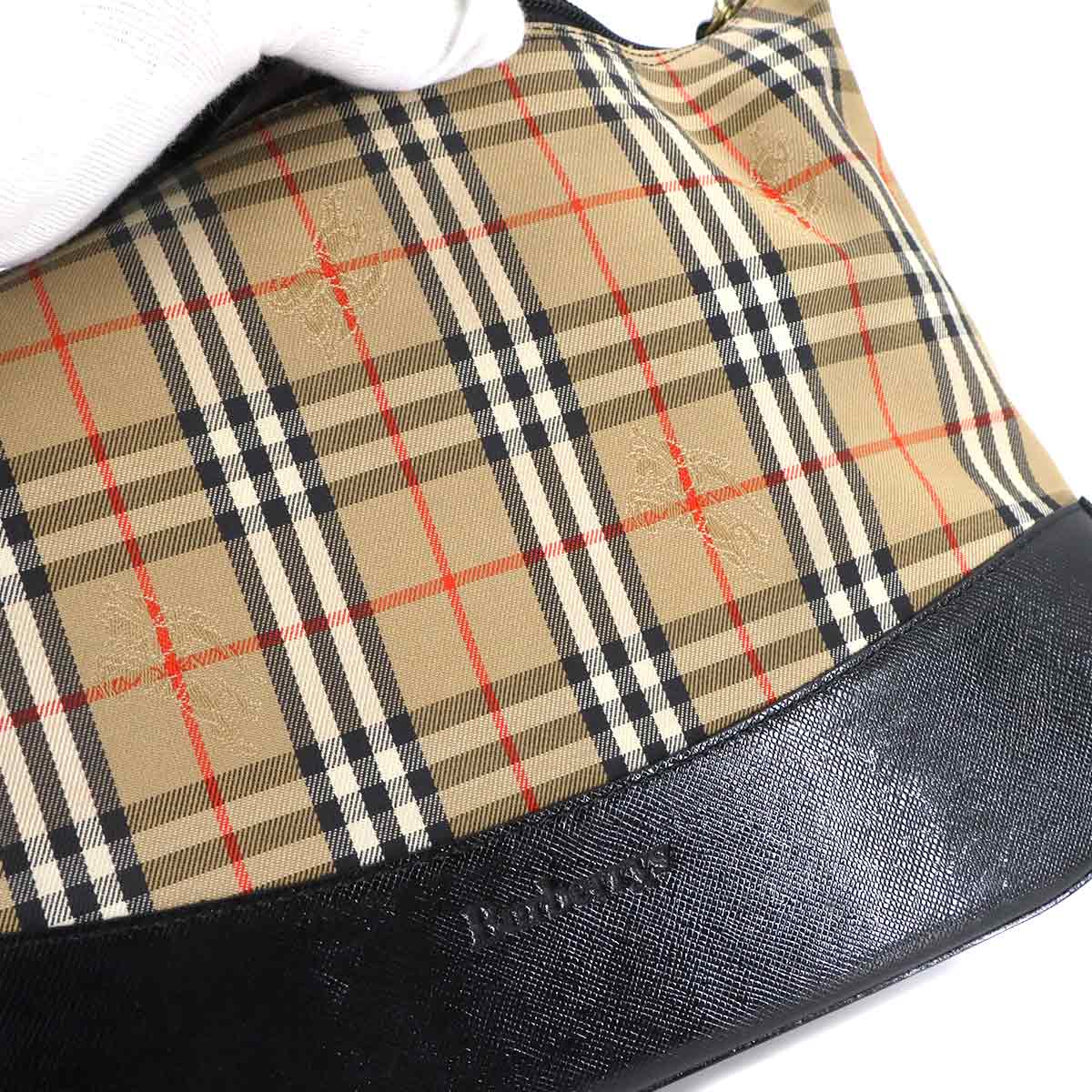 Shoulder Bag Canvas Leather Beige Black Plaid Purse