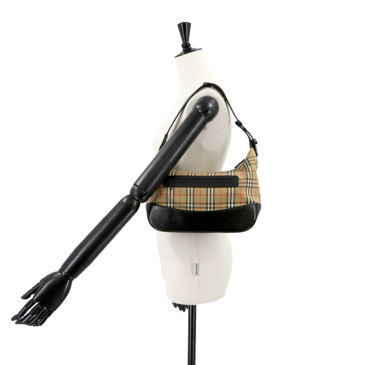 Shoulder Bag Canvas Leather Beige Black Plaid Purse