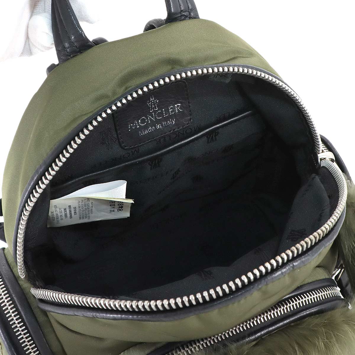 Florine Zaino Back Pack Nylon Leather Fur Khaki Black Purse