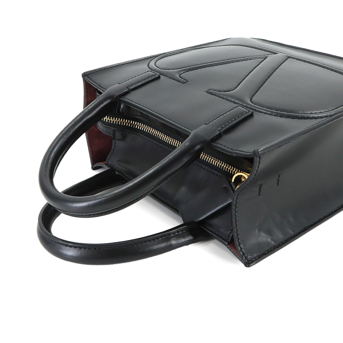 V Logos Walk Hand Shoulder Bag Leather Black