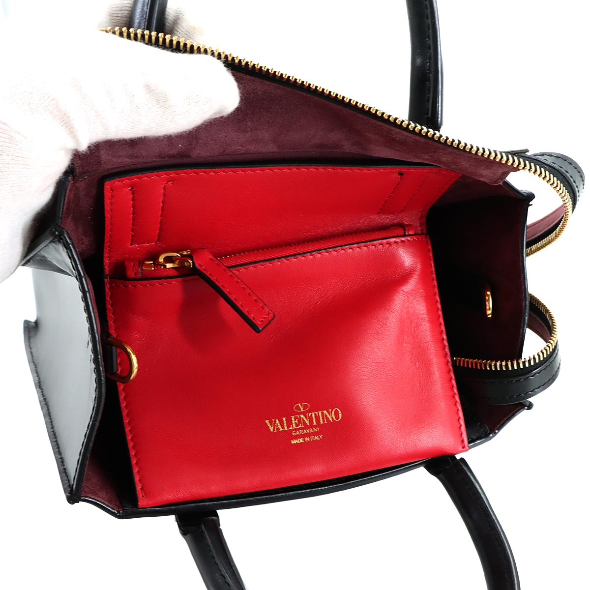 V Logos Walk Hand Shoulder Bag Leather Black