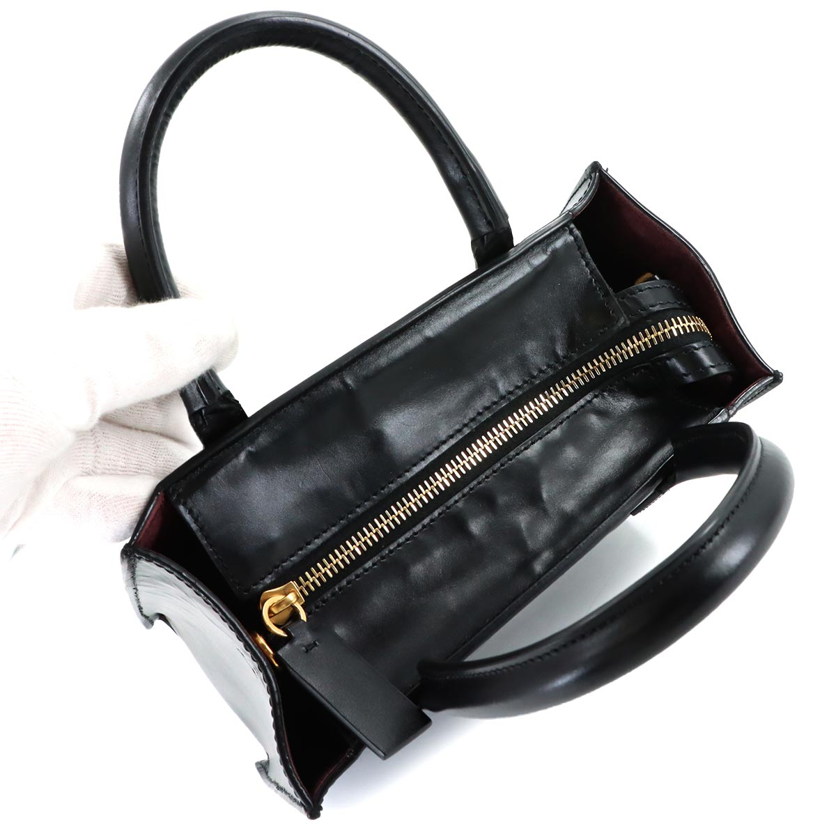 V Logos Walk Hand Shoulder Bag Leather Black