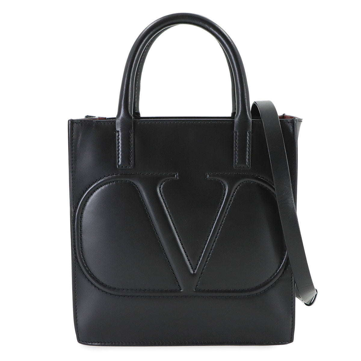 V Logos Walk Hand Shoulder Bag Leather Black