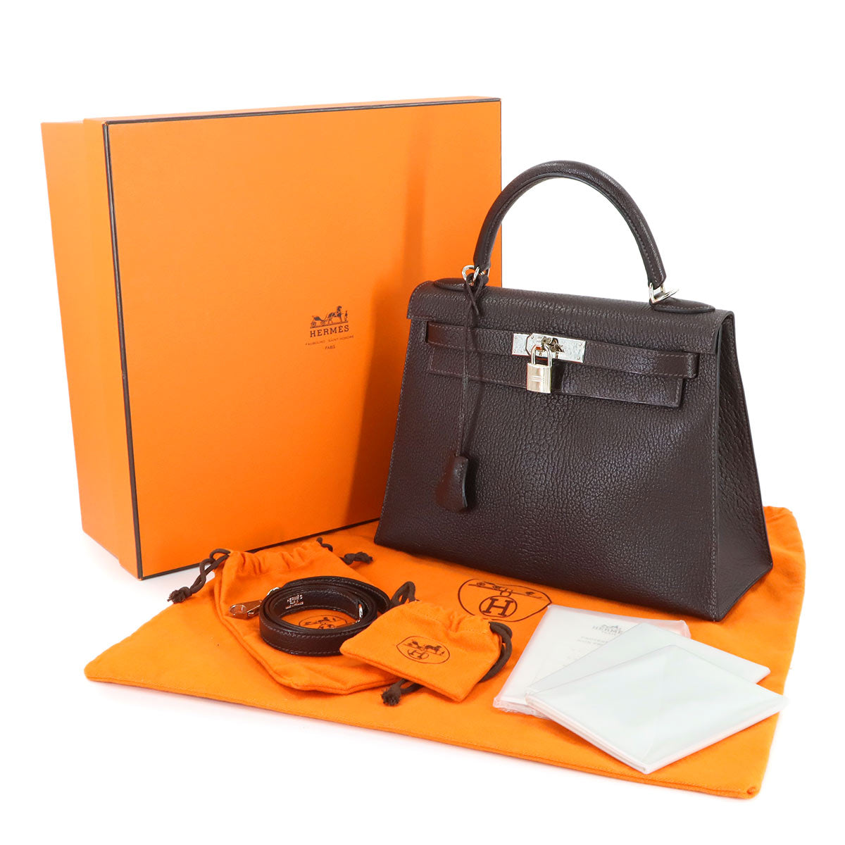 Kelly 28 Chevre Chocolat 2way Hand Shoulder Bag Purse